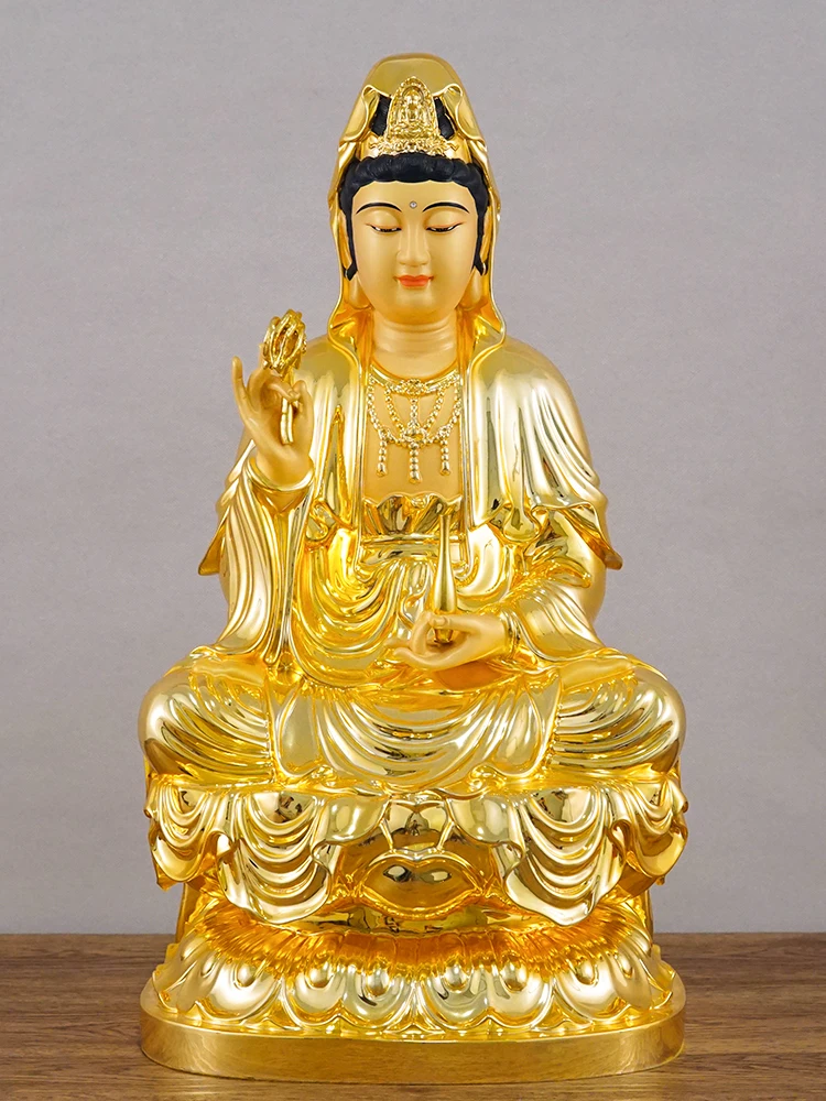 

Pure copper gilded Guanyin Bodhisattva household offering Guanyin Buddha statue sitting on lotus, Nanhai Guanyin Shava