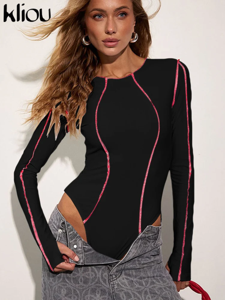 kliou Panelled Stripe Women Bodysuits Concise All-matched Autumn Full Sleeve O-neck Skinny Rompers Female Track Trend Streetwear