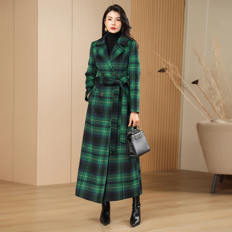 Green Plaid Wool Coat for Women, Slim Fit Elegant Suit Collar Long Trench Coat, Chic Streetwear Outfit, High-End Fall Winter Fas