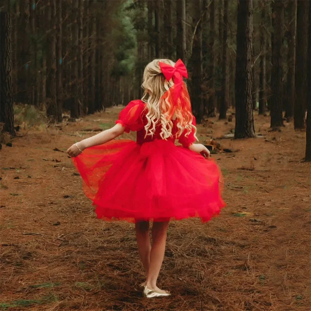 Gaun Gadis Bunga Merah untuk Pernikahan Tulle Bengkak Panjang Lutut Gaun Pesta Malam Perjamuan Formal Putri Klasik Disesuaikan