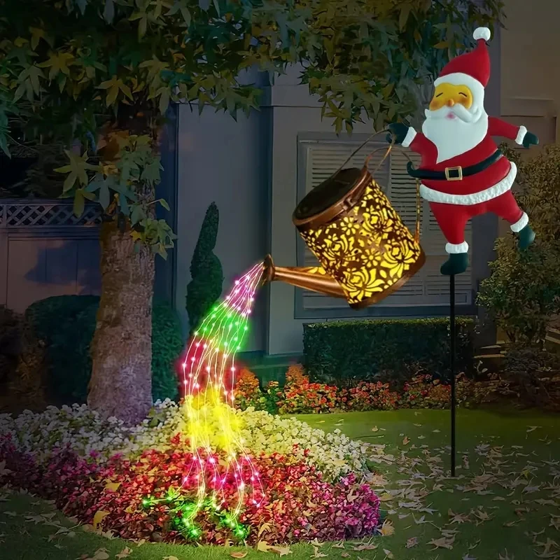 Solar Santa Claus Watering Can Lights Outdoor Christmas Garden Stake Lamp Colorful LED Fairy Lights Lawn Yard Holiday Decoration