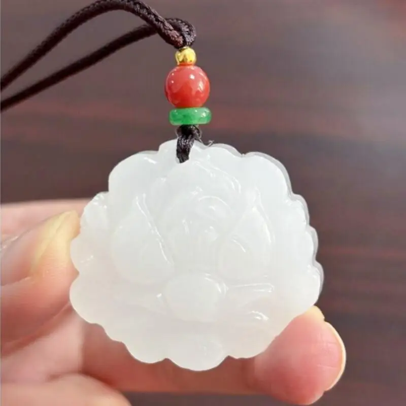 Natural White Jade Rose Flower Pendant Lotus Necklace Charm Jewelry Carved Amulet Fashion Chinese Gifts Women Men Sweater Chain