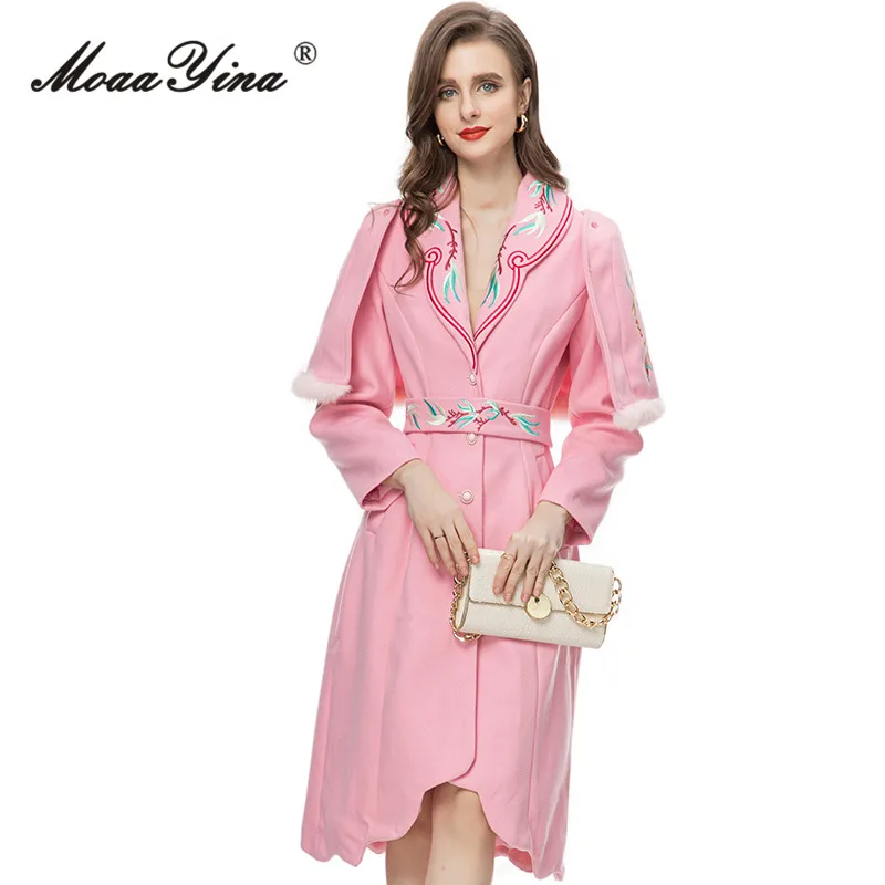 MoaaYina Winter Fashion Designer Pink Vintage Party Dress Women's Lapel Shawl Embroidery Frenulum Pockets Button Slim Midi Dress