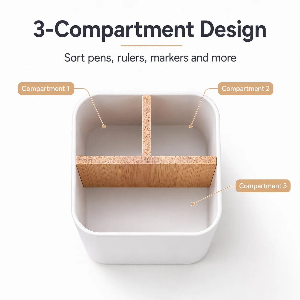 QA Modern Desk Pen Holder Organizer 3 Compartments Bamboo Divider White Minimalist Storage Cup for Office Home School Supplies O view 4