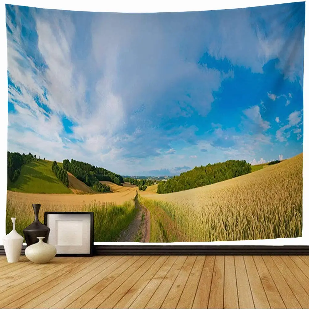 

Countryside Wheat Field Landscape Tapestry Blue Sky Clouds Plant Nature Tapestry Wall Hanging Decor for Bedroom Living Room Dorm