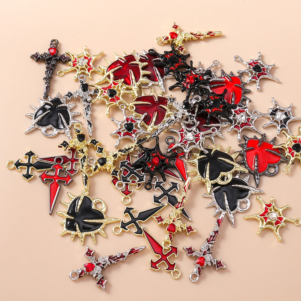 Leslie 5 Stück Retro Gothic Spinnennetz Herz Kreuz Charms für Schmuckherstellung Metall Steampunk Herz Anhänger DIY Ohrringe Halsketten – Detail 4