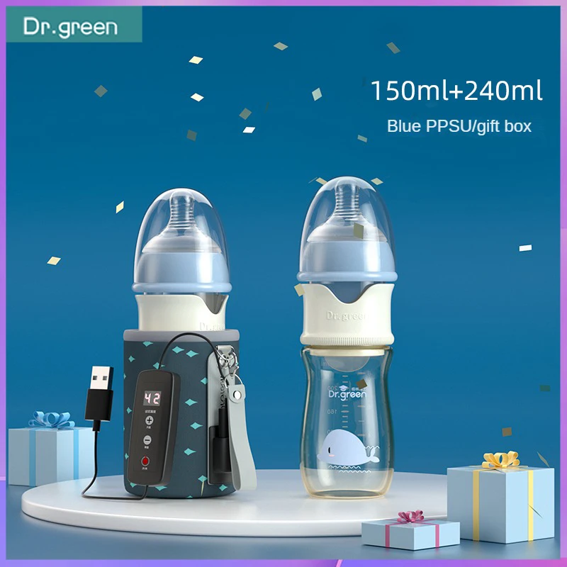 Dr.Green USB Thermostatic Newborn Baby Bottle PPSU 150+240 Combination set Sealed isolation Fast milk filling Removable/Washable