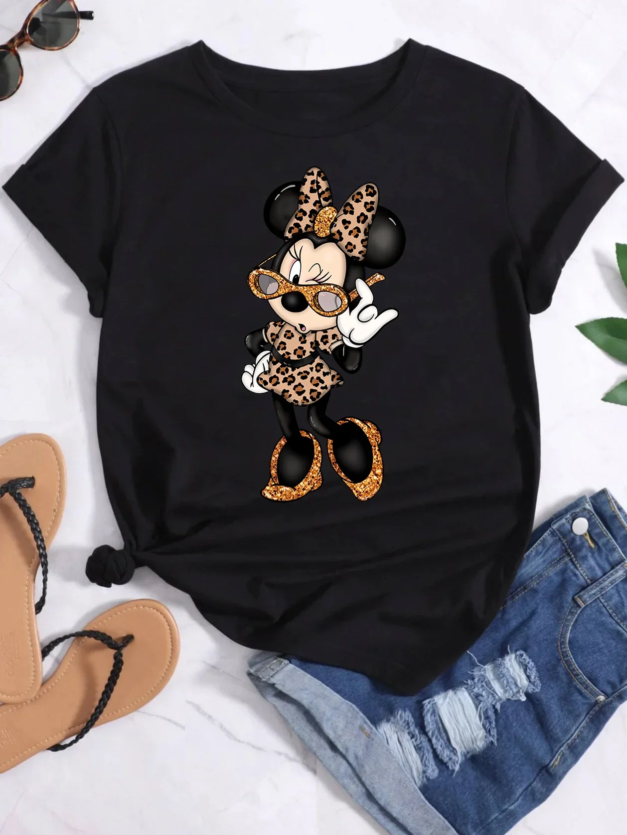 Female Leopard Mouse Black T-shirt Women's Clothing Fashion Short Sleeves Tops Cartoon Casual Kawaii T Shirts Clothes