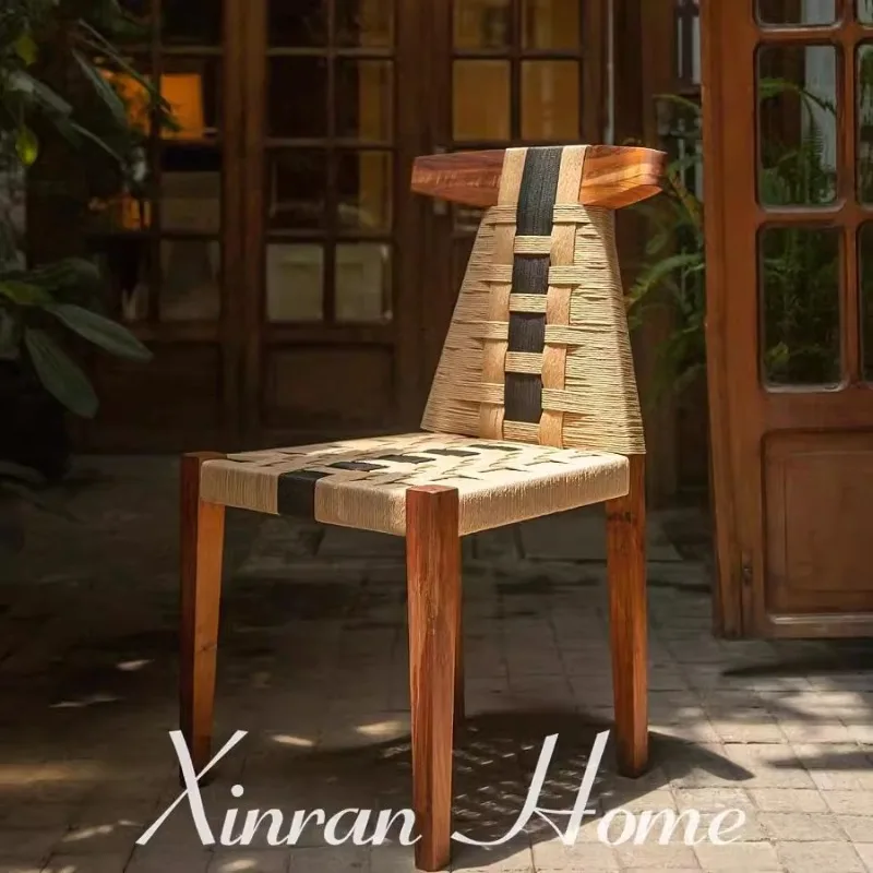 

French Vintage Rope Backrest Chair - Rustic Solid Wood Dining Chair for Wabi-Sabi Cafes & Bistros Sillas De Comedor Muebles