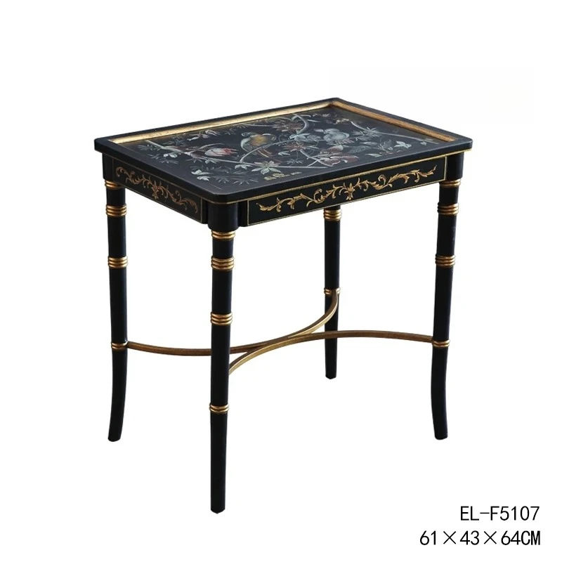 

American Country Retro Hand-Painted Parrot Flower and Bird Solid Wood Imitation Bamboo Joint Shape Single-Layer Tea Table