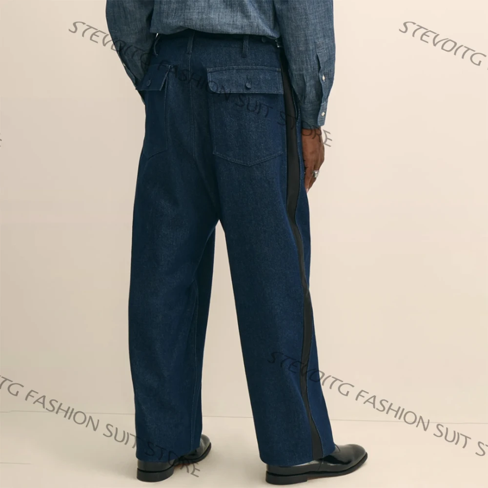 Wide Leg Denim Man Pants with Black Satin Side Stripe Smart Casual Loose Fit Jeans for Streetwear Tailored Daily Outfit