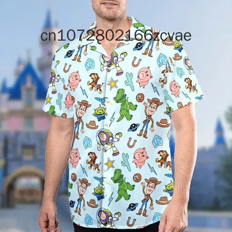 Camisa hawaiana de dibujos animados de Disney Toy Story para hombres y mujeres, camisa hawaiana de manga corta con botones, moda informal, nueva, 2024