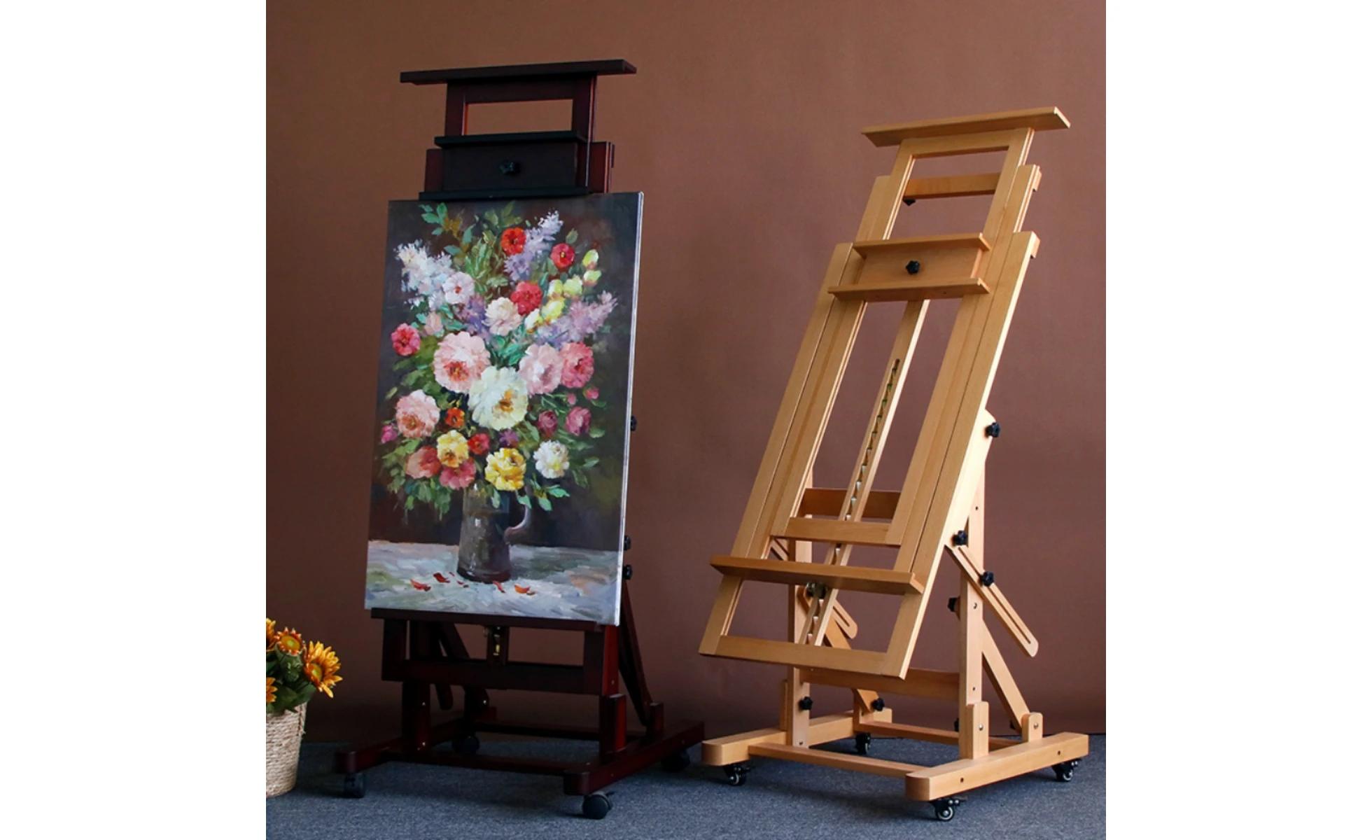 Rolling Studio Easel Horizontal and Vertical Adjustable Large Easel Art Supplies Solid Wood Wheeled for Artists, Gallery Display