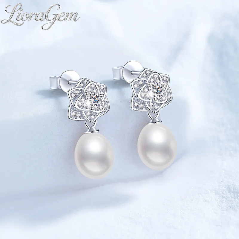 

LioraGem 9mm Natural Freshwater Pearl Moissanite Earrings, Camellia Versatile Elegant Earrings for Women Platinum PT950 Stamp