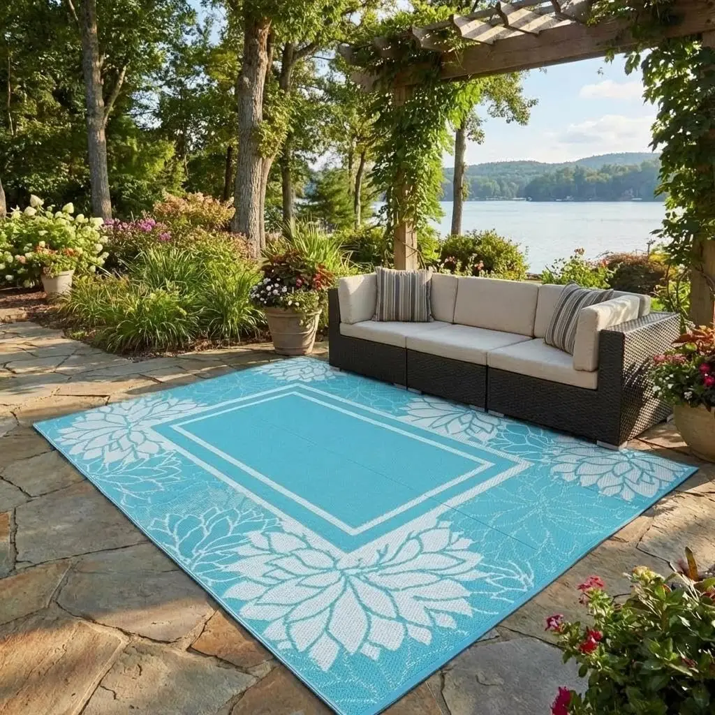 

Outdoor Patio Rug 9x18 Waterproof Outside Area Rugs Modern Floral Reversible Plastic Straw Carpet for RV Deck Camping Entryan