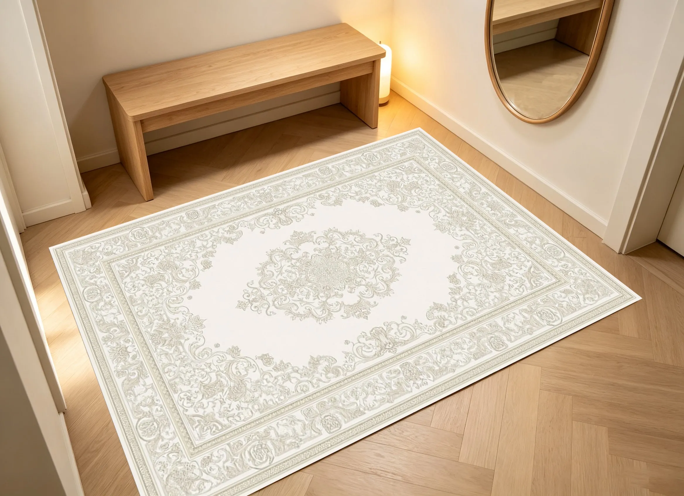 Velvet Rug Creamy White European Retro Scrollwork French Light Luxury Style for Living Room Decor