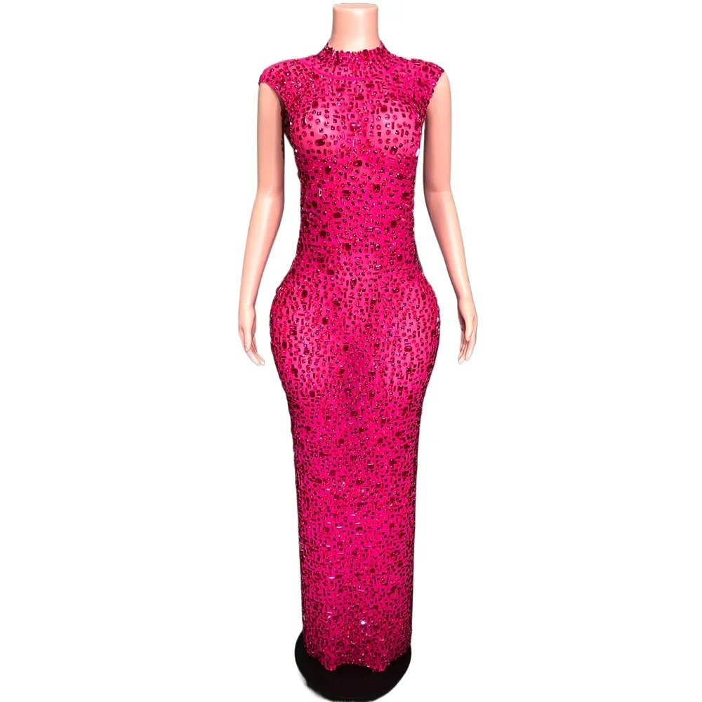 

Sparkly Rhinestones Sleeveless Long Dress for Women Sexy Mesh Transparent Celebrate Evening Prom Birthday Dress Photo Shoot Wear