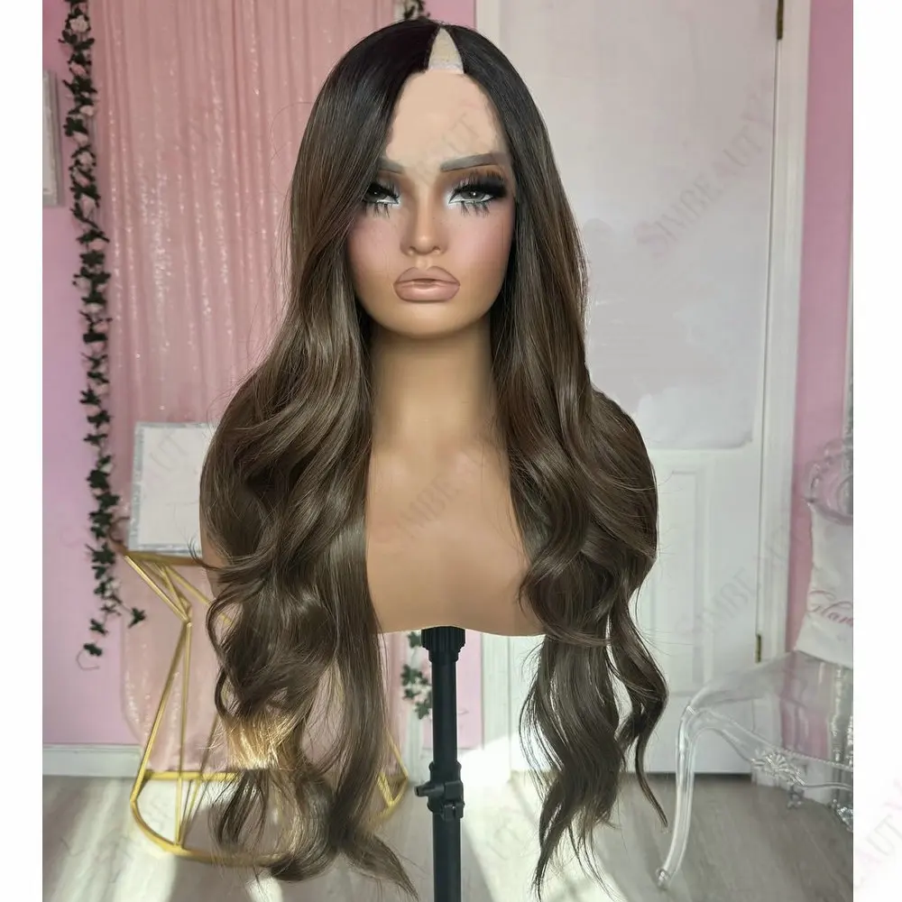 

Glueless Human Hair 1x4 V Part Wigs for Black Women Ombre Dark Chocolate Brown Wavy Full Machine Made Wigs Easy Wear U Part Wig
