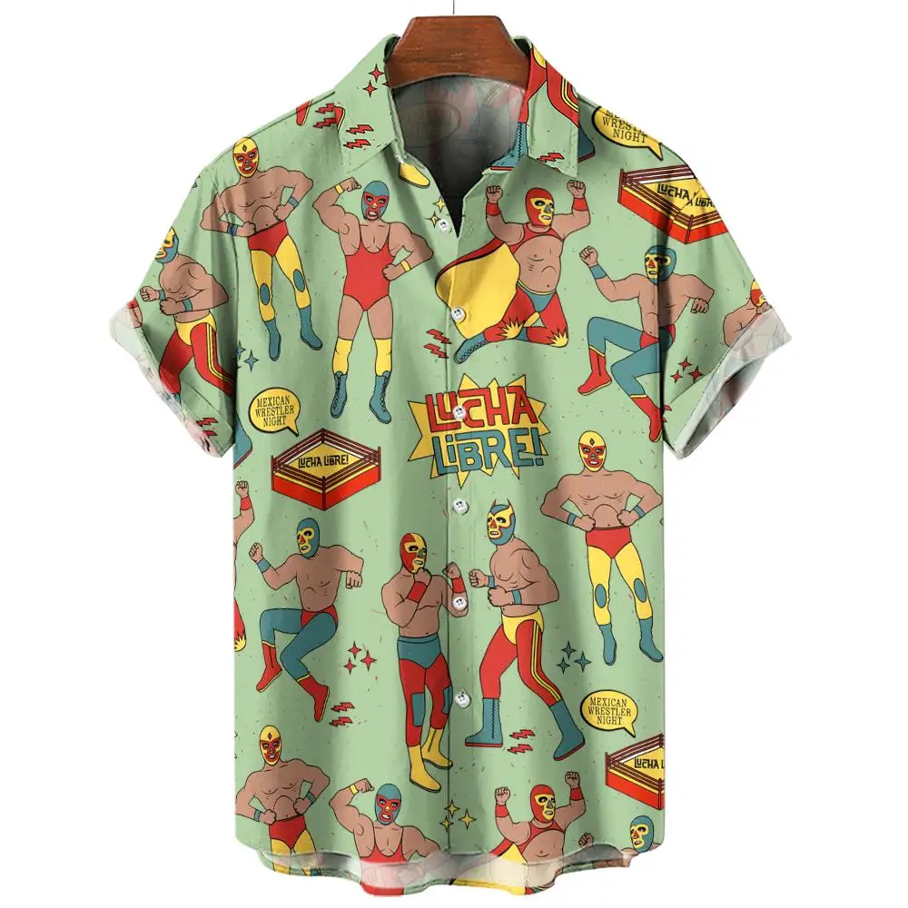 Neues Retro 3D Mexikanisches Wrestling-Print Modisches Schnelltrocknendes Lockeres Hawaiianisches Herren-Kurzarmhemd – Detail 2