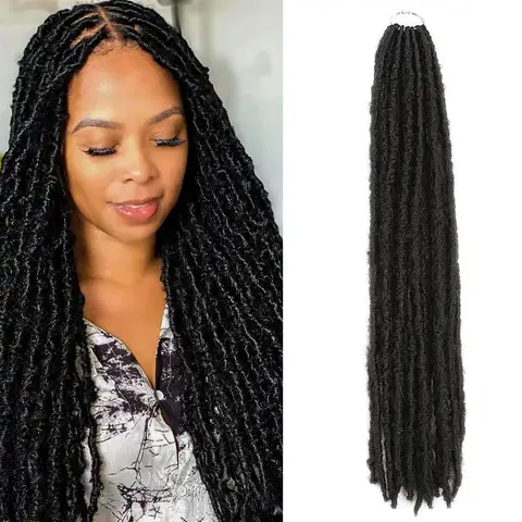Alibaby 24 인치 새로운 소프트 Locs 흑인 여성을위한 합성 크로 셰 뜨개질 머리띠 자연 나비 잠금 장치 Faux Locs 크로 셰 뜨개질 머리 확장