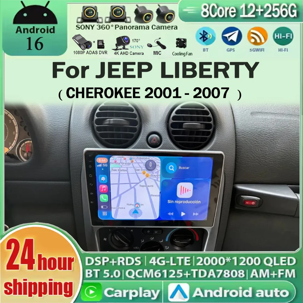 Android 16 For JEEP LIBERTY CHEROKEE 2001 - 2007 12G+256GBCar Radio Carplay+Auto Multimedia Stereo Video Player GPS
