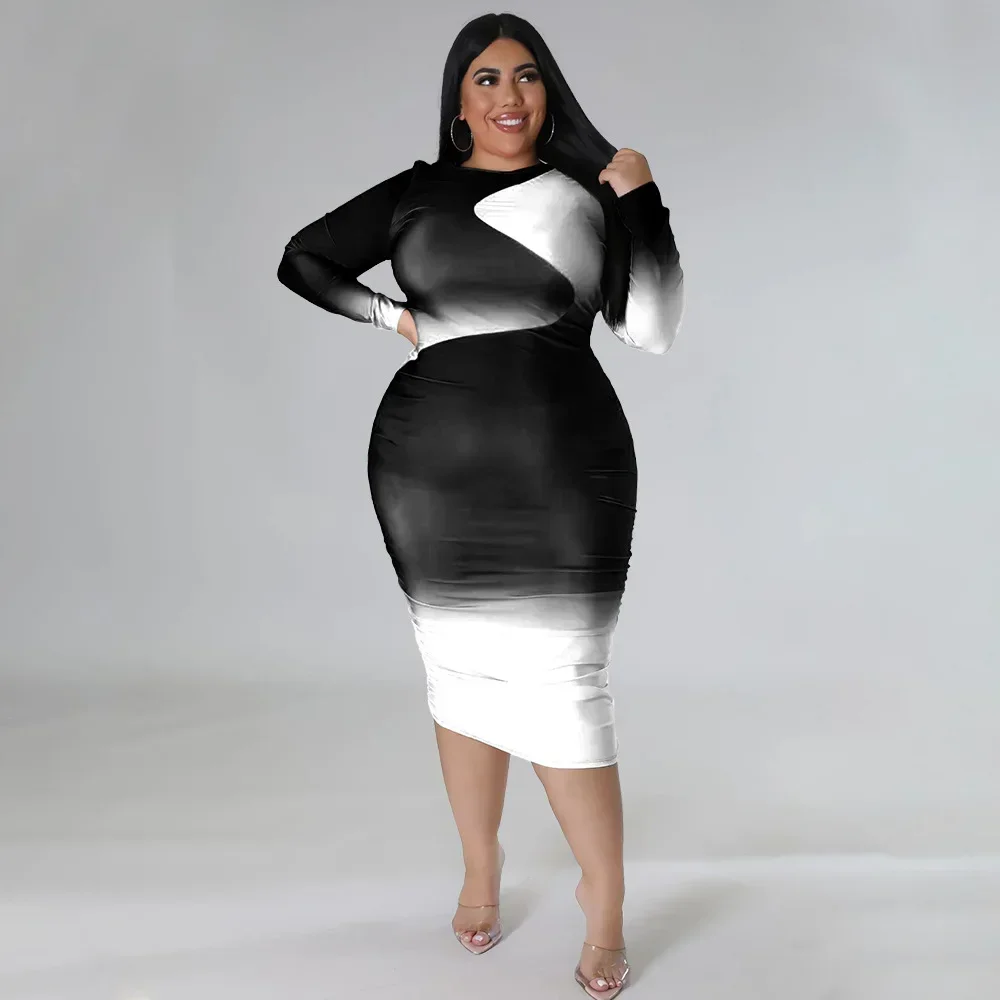 KEXU Stampa sfumata Elegante Plus Size Donna O-Collo Manica lunga Aderente Vestito dalla fasciatura 2024 Primavera Skinny Abiti da festa Abiti