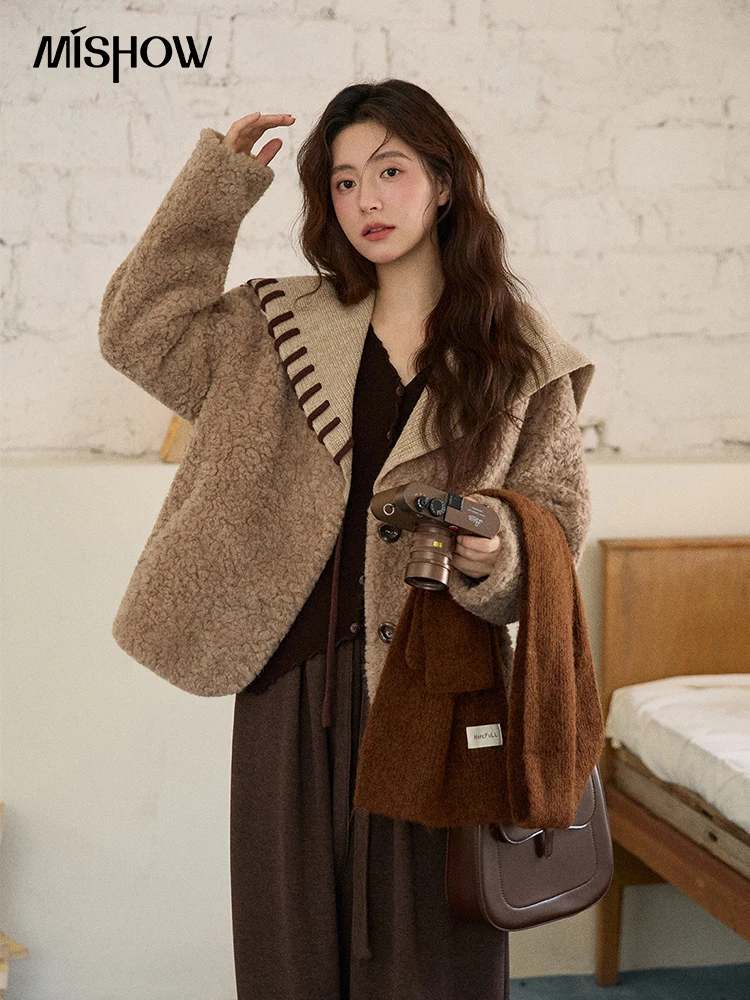 MISHOW chaquetas de invierno para mujer 2025 Retro tejido Patchwork cuello vuelto. Abrigo corto suelto cómodo abrigo para ir al trabajo MXE87W0989