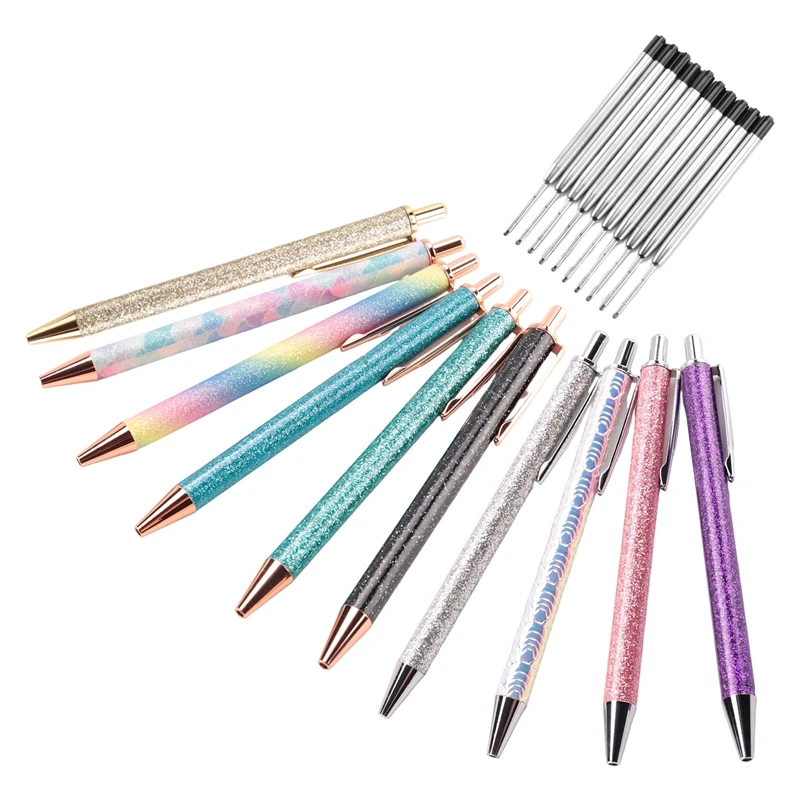 Stylos à bille rétractables en métal avec paillettes, stylos à bille, fournitures scolaires quotidiennes, 1.0mm, 10 pièces