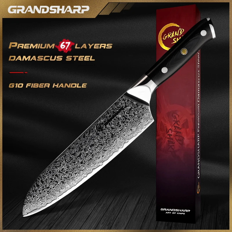 Grandsharp 7 Inch Santoku Knife Damascus Steel AUS-10 Professional Sharp Blade Vegetable Kitchen Knives Cooking Tool with Box