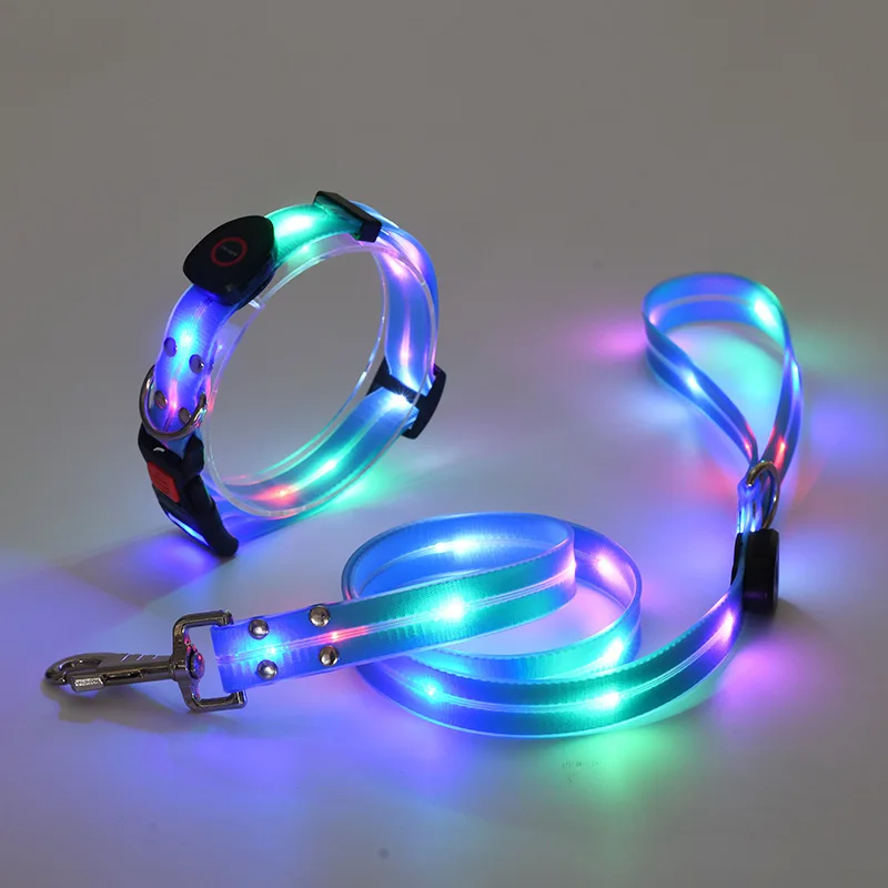 

LED dog collar and leash set - bright and colorful - fully waterproof - adjustable, one size fits all (14 inches to 22.5 inches)