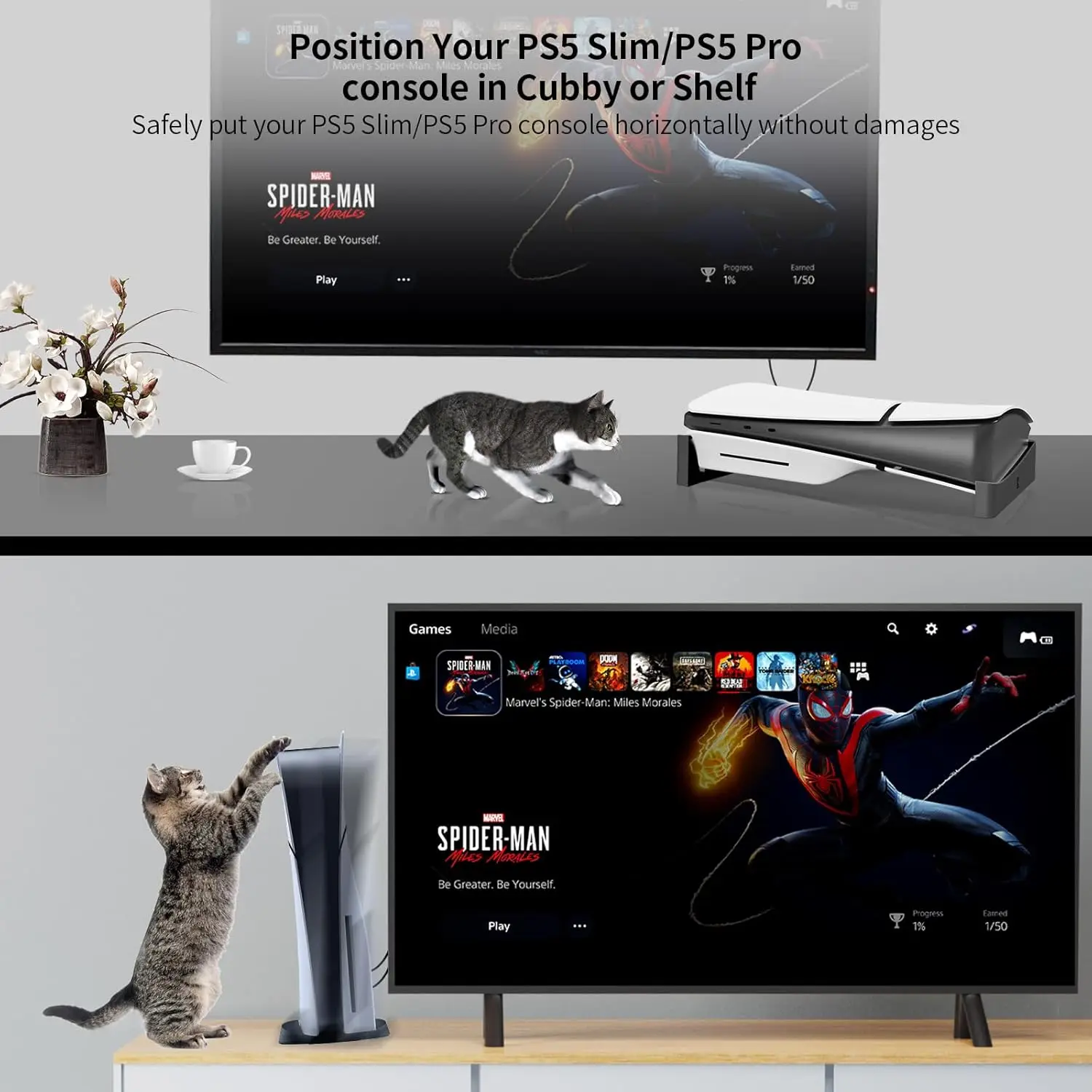 Poziomy Stojak na Konsolę PS5 Pro/Slim (Wersja z Napędem Dyskowym i Cyfrowa) z Podstawką Antypoślizgową i Akcesoriami do Przechowywania — zdjęcie produktu 5