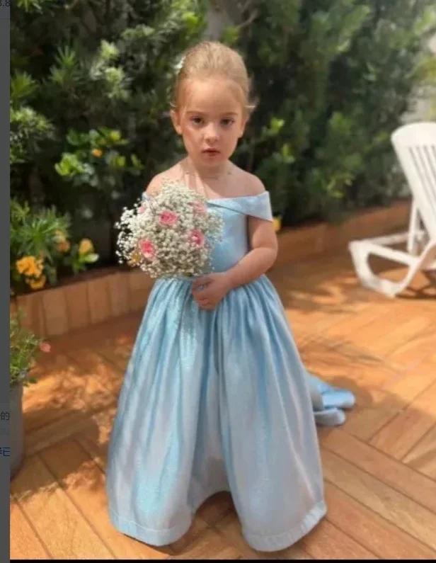 

Light Blue Flower Girl Dresses Simple Bow Elegant Princess Satin Ball Gown For Kids Birthday Party First Communion Dress