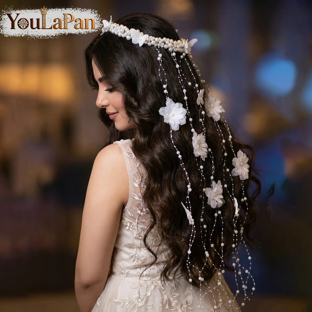 YouLaPan Boho Handmade Flower Butterfly Tassel Bridal Headband Pearl Wedding Hair Accessories for Long Hair Bridesmaid YXA424