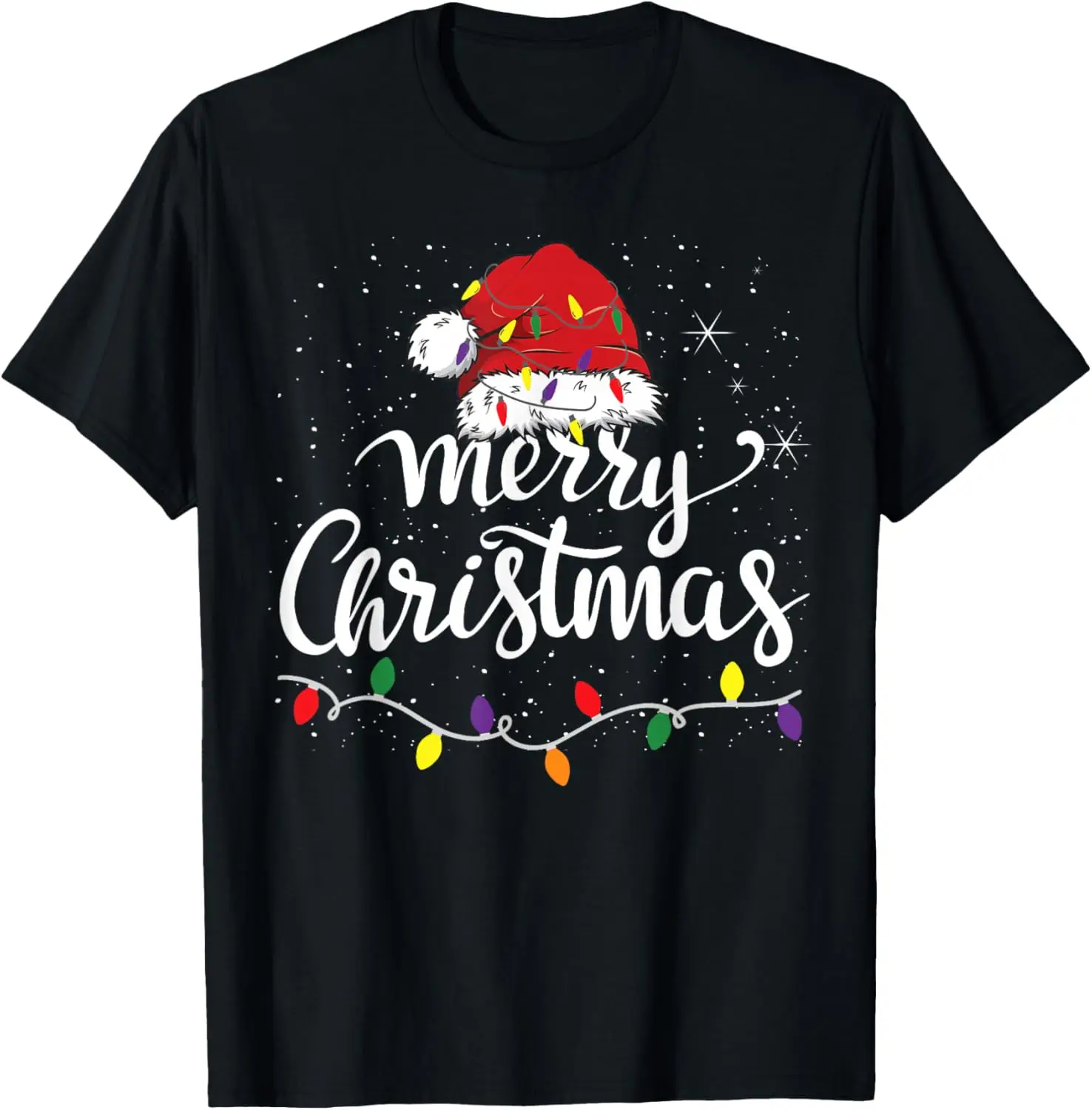 

Merry Christmas Lights Red Santa Hat Xmas Family T-Shirt 100% Cotton O-Neck Short Sleeve Summer Casual Mens T-shirt Streetwear