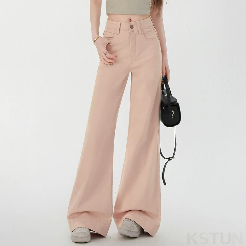 KSTUN 2026 Summer Women's Bell-Bottom Jeans High-waisted Elasticity Pink Jeans For Yong Girls Sweet Long Trousers Dragging Pants