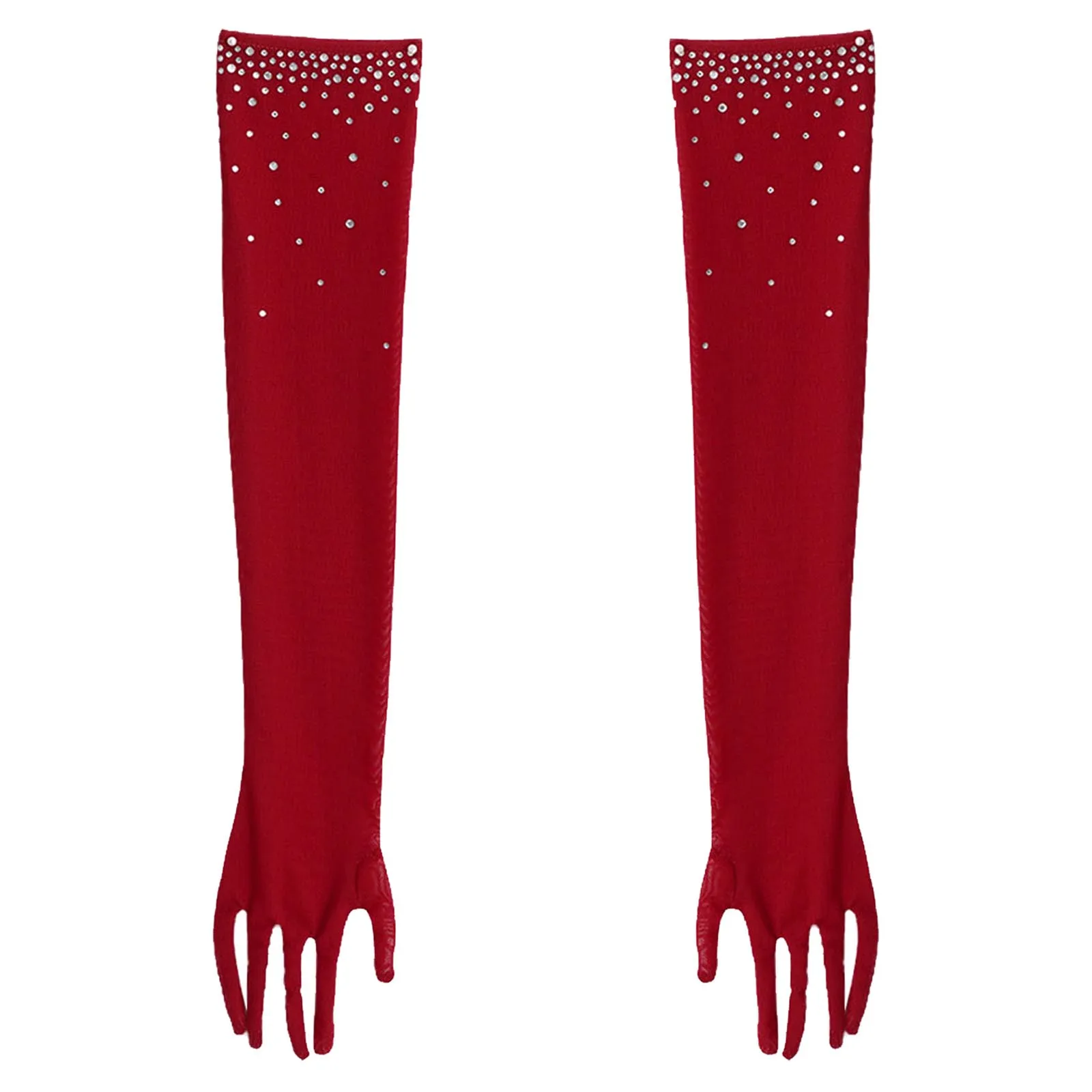 

1 Pair Kids Girls Latin Jazz Dance Costume Accessories Glittery Rhinestones Five-Finger Full-Length Mesh Gloves for Tango Samba