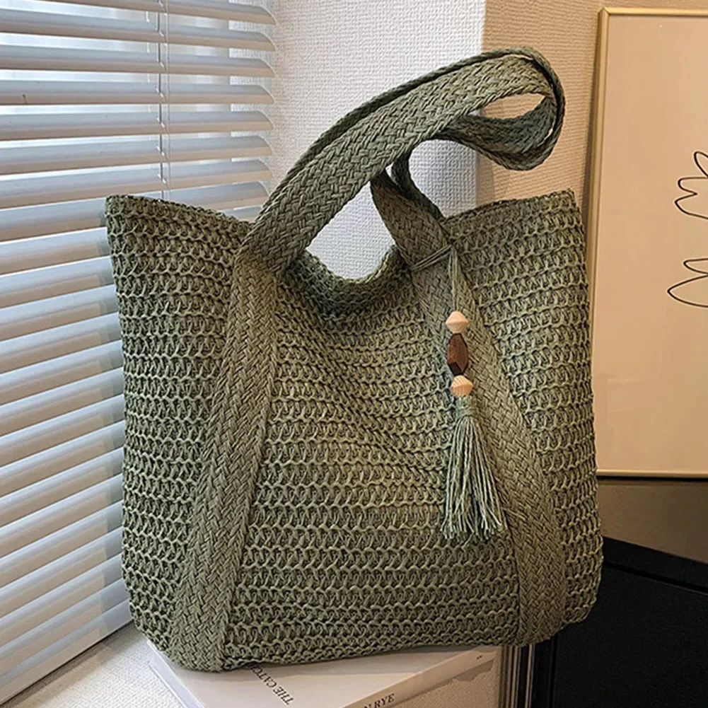 

Summer Straw Women Bag Hand-Woven Handbags Handmade Raffia Beach Boho Shoulder Bag Large Tote Bag Tassel Shopping Purses