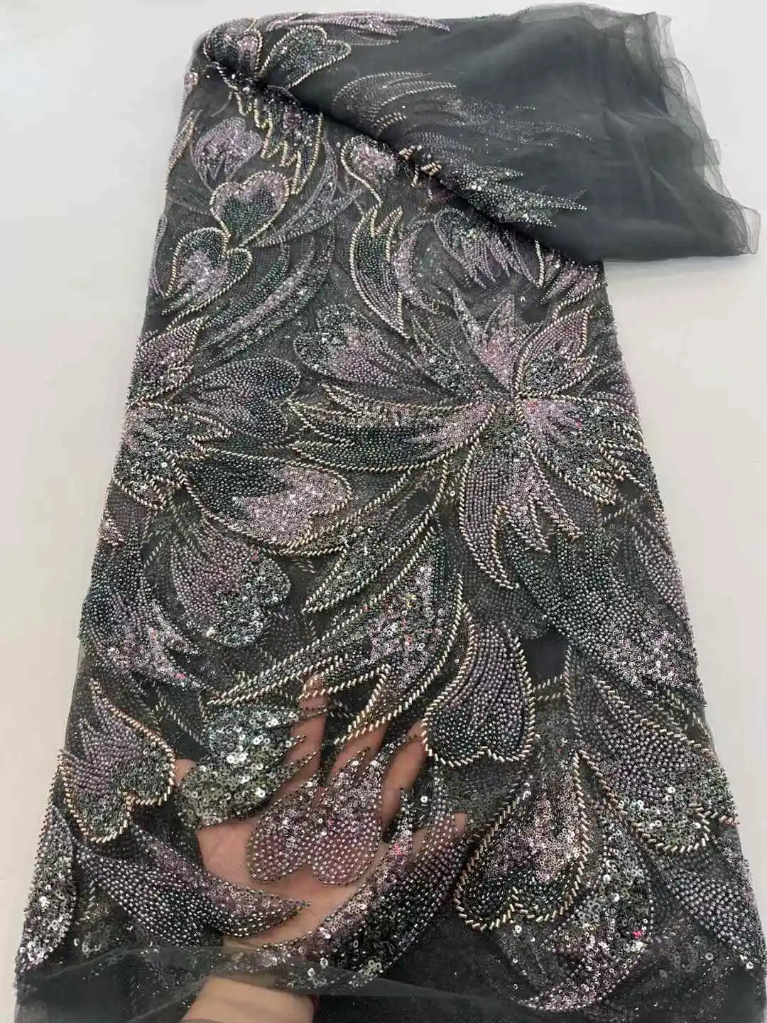 2025 Fashion French Embroidery Beaded Lace Fabric African Nigerian With Sequins Lace Fabric For Wedding Dress