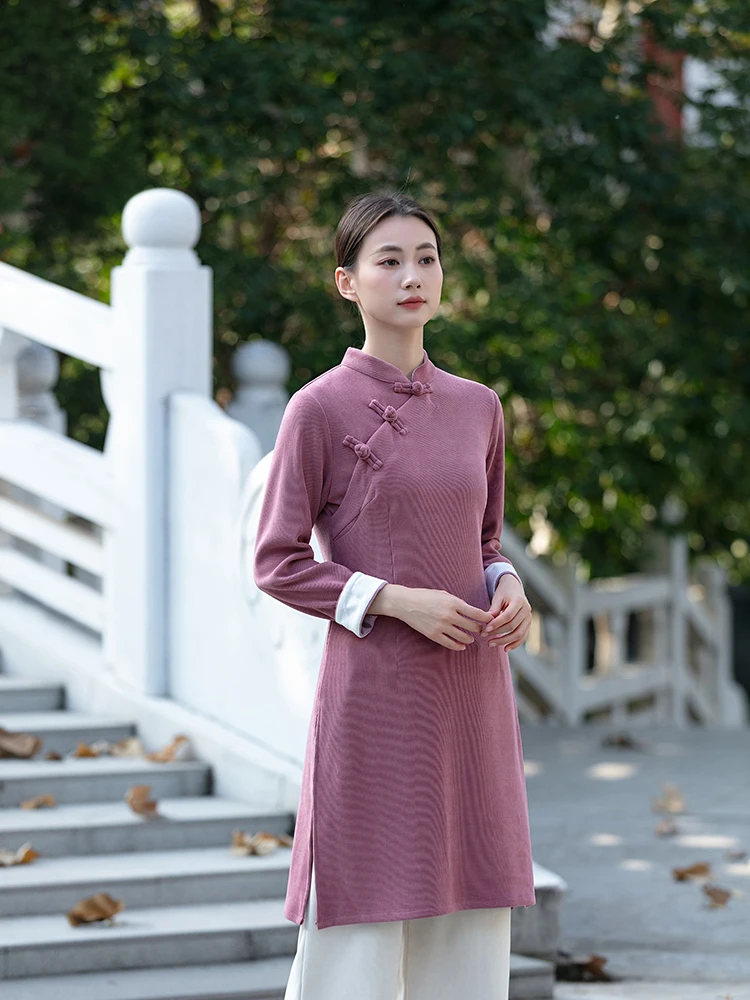 

Artistic Sle Chinese Tea Ceremony Costume Women's Top Light Traditional Knitted Polyester Long Sve Stand Collar