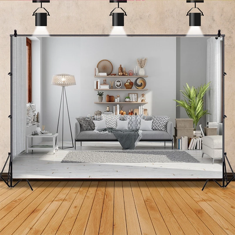 SHENGYONGBAO Backdrops Modern Living Room Interior With Gray Sofa, Floor Lamp, Potted Plant, Books Photography Background SSD-10