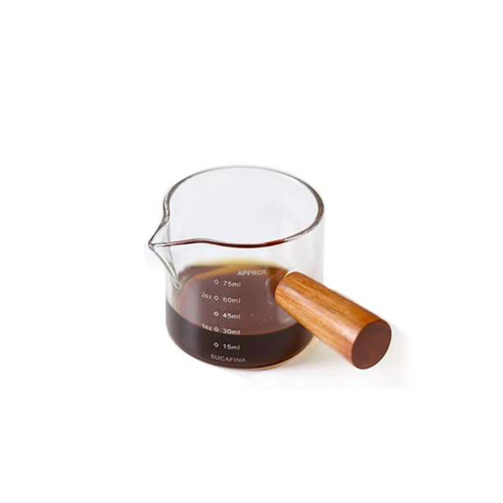 1pc Glas Messbecher Holz Griff Glas Espresso Messbecher Doppel Einzigen Mund Milch Kaffee Klar Becher Kaffee Liefert