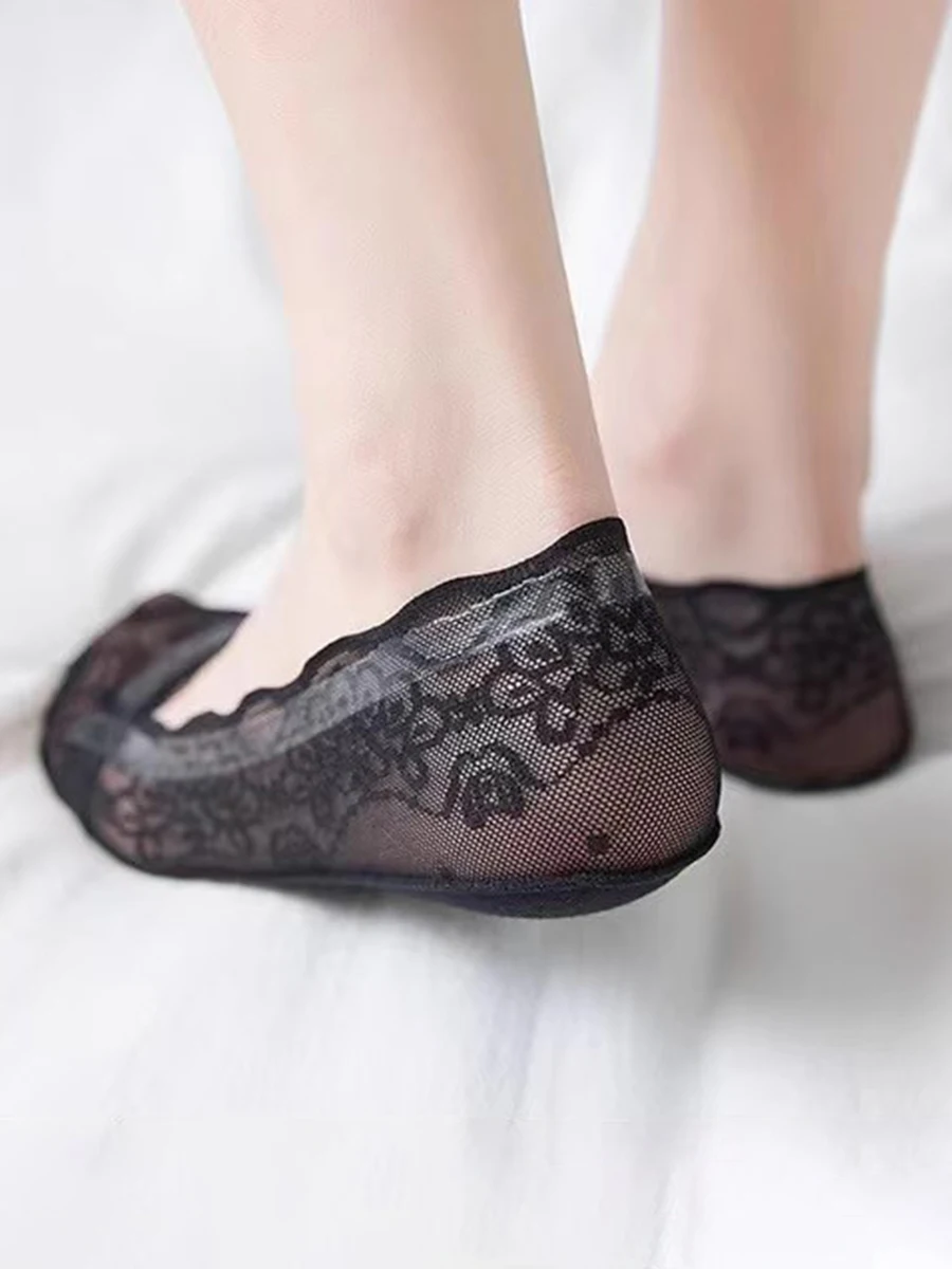 5 Pairs Socks Women\'s Summer Slippers Socks Invisible Boat Mesh Lace Thin Short Fashion Silicone  Non-slip Cool Sexy Breathable