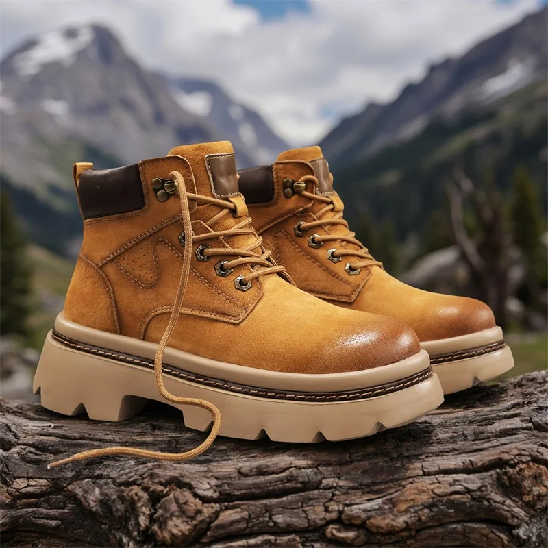 

2025 New Men's Big Yellow Boots Durable Anti - Skid Sole High - Top Chunky Sole Winter Fleece Lined British Work Boots Motorcycl