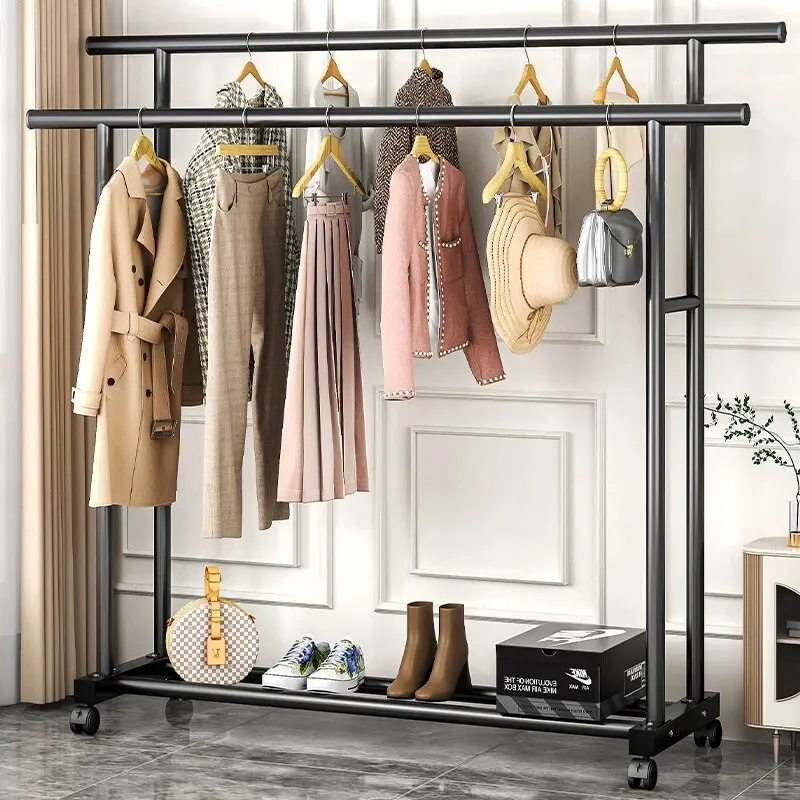 Multifunctional Double-deck Simple Clothes Hanger With Universal Wheels Bedroom Storage Wardrobe Coat Rack Home Sorting