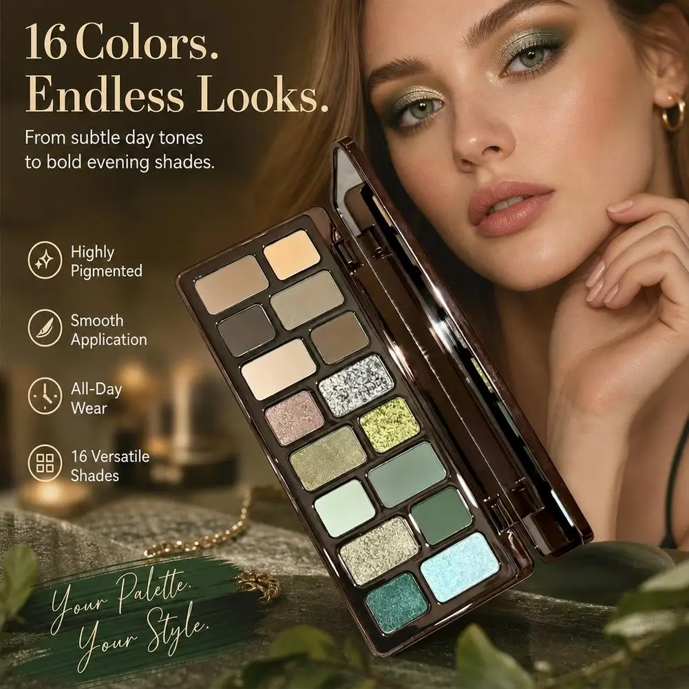 16 Color Green Pearl Eyeshadow Makeup Palette Waterproof Lasting Diamond Glitter Eyeshadow Sparkling Crystal Eye Makeup Cosmetic