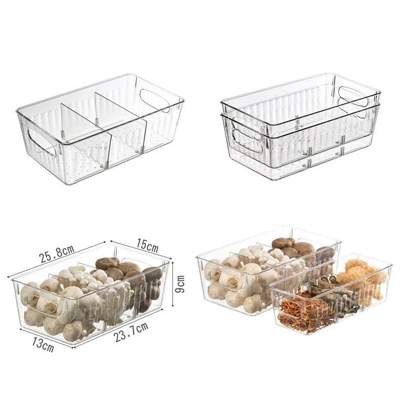 Contenitori per Organizer per frigorifero scatola di immagazzinaggio per frigorifero trasparente in plastica con divisorio supporto per contenitore