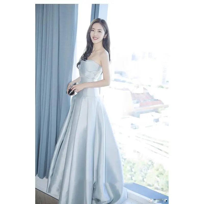 Fashion Blue Evening Dress  Elegant Strapless Party Prom Gown Dignified Sleeveless Banquet Vestidos Fiesta Para Mujer Customized