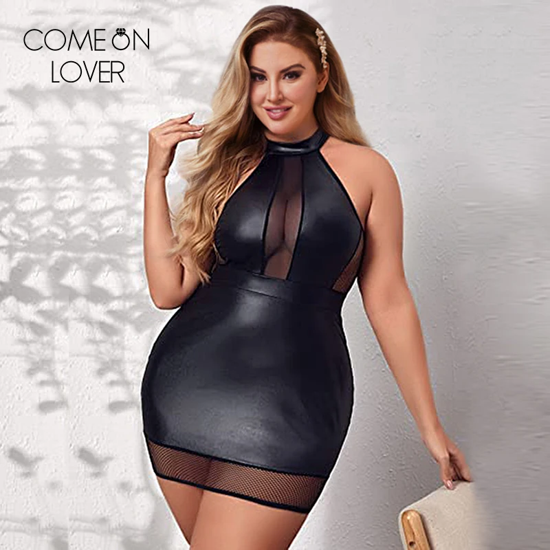 

Comeonlover женское нижнее белье из искусственной кожи, сексуальное Сетчатое мини-платье с лямкой на шее, обтягивающее платье из искусственной кожи, просвечивающее Клубное белье