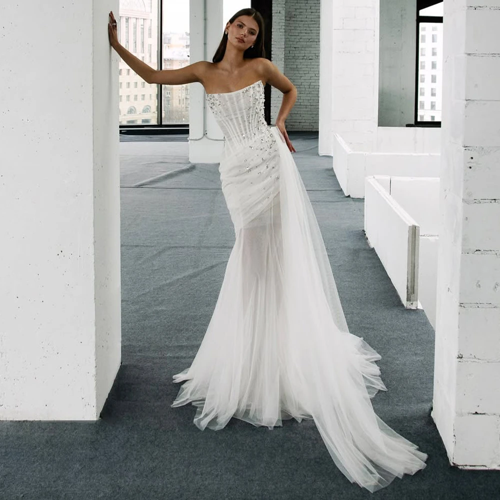 Customized Elegant White Organza Wedding Dress Formal Strapless Sleeveless Bridal Gown Soft Straight Chapel Train Robe de mariée