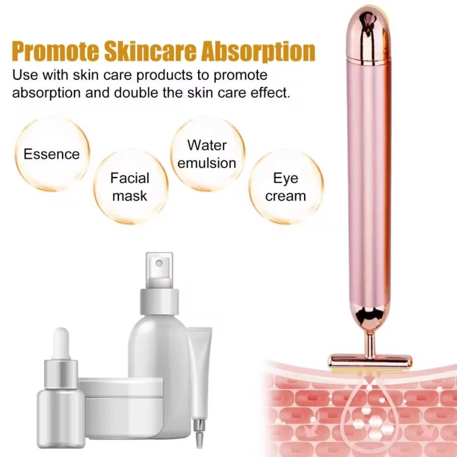

Golden pink roller massager T-shaped vibrating lifting face beauty stick facial skin massage and care tool